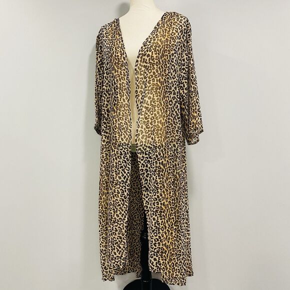 ZURY NWT OS Leopard Print Long Open Duster Kimono Cardigan Sheer Beach Cover Up - Picture 7 of 16